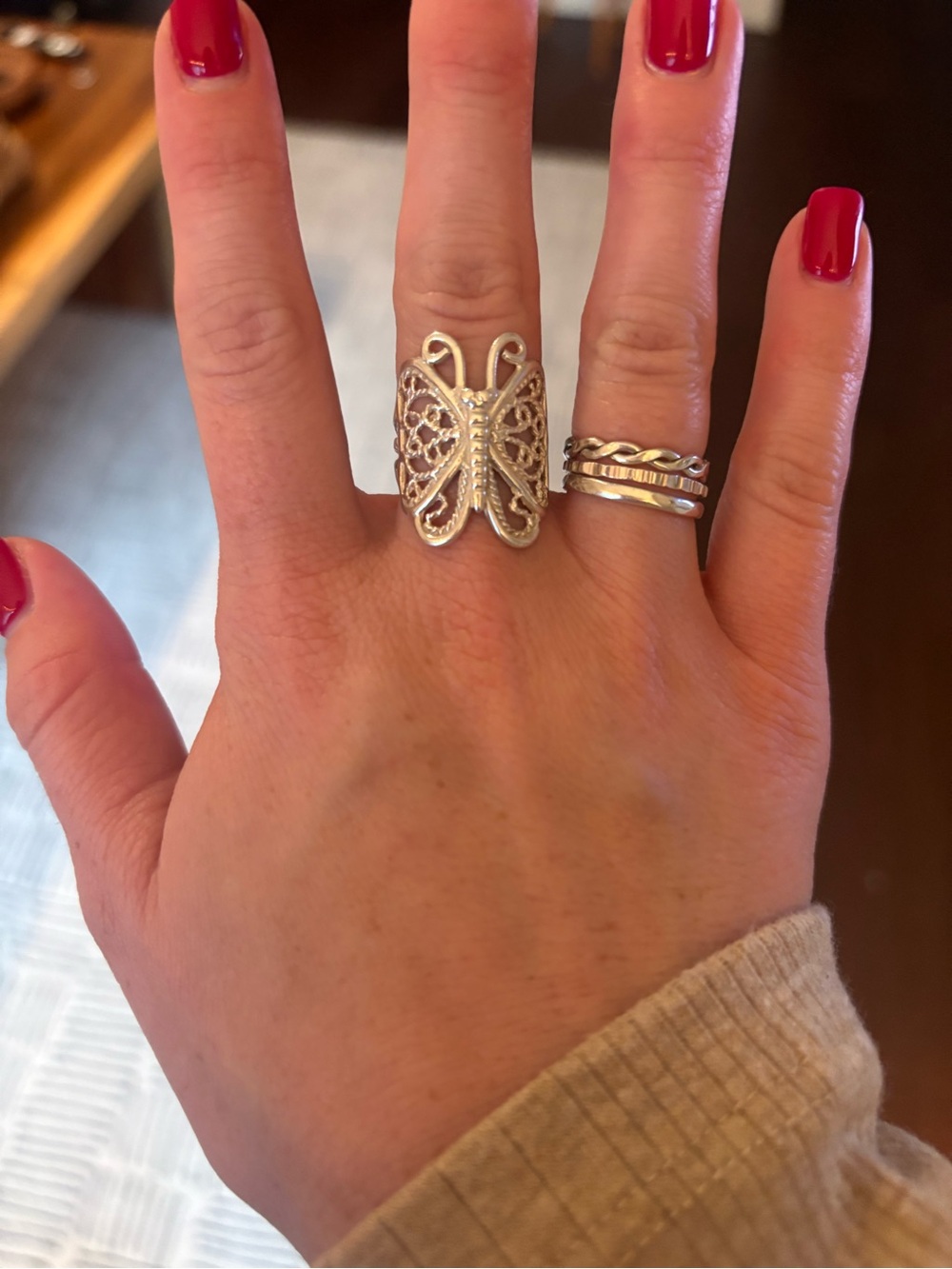 Sterling Silver Butterfly Filigree Statement Ring - Silver